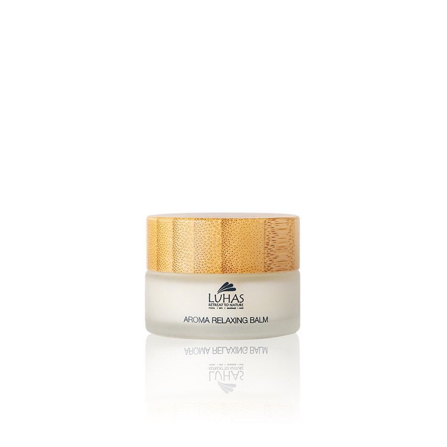 LUHAS Aroma Relaxing Balm in a frosted jar with bamboo lid